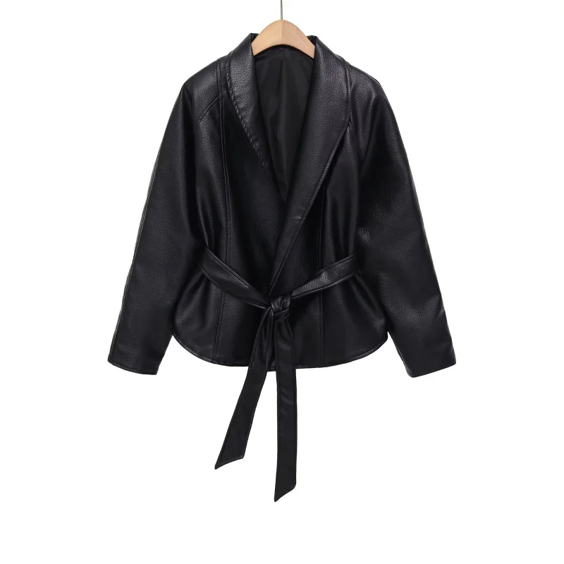 ETJ Damen PU-Leder Vintage Wickeljacke mit Gürtel, hochgeschlossener Kurzmantel, Frühjahr 2026, minimalistische Retro-Urban-Mode-Oberbekleidung – Detail 18