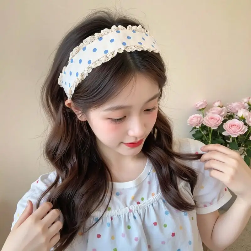 New Floral Lace Ruffle Headband Women Fringe Hair Band Dot Print Vintage Daily Makeup Washing Face Hair Hoop Girl Hair Decor