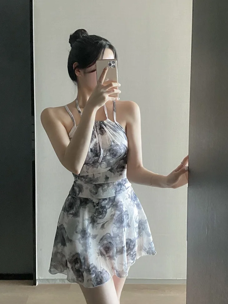 New Floral Gradient Bubble Bath Skirt Style Women's One-Piece Swimsuit Pure Desire Slimming Belly Covering Casual Swimwear