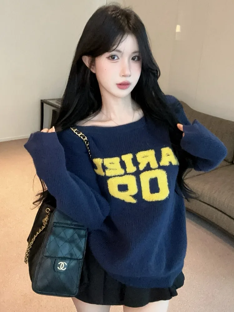 

American Retro Shoulder Bared Long Sleeve Knitted Sweater Women's Loose Lazy Style Autumn Winter Fashion Casual Versatile Top
