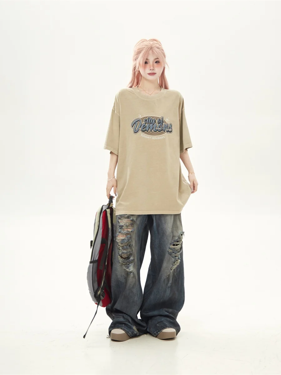 Retro American Washed Black Heavy Printing Short Sleeve T-Shirt Women Loose Couple Clothes Half Sleeve Top Trendy Brand