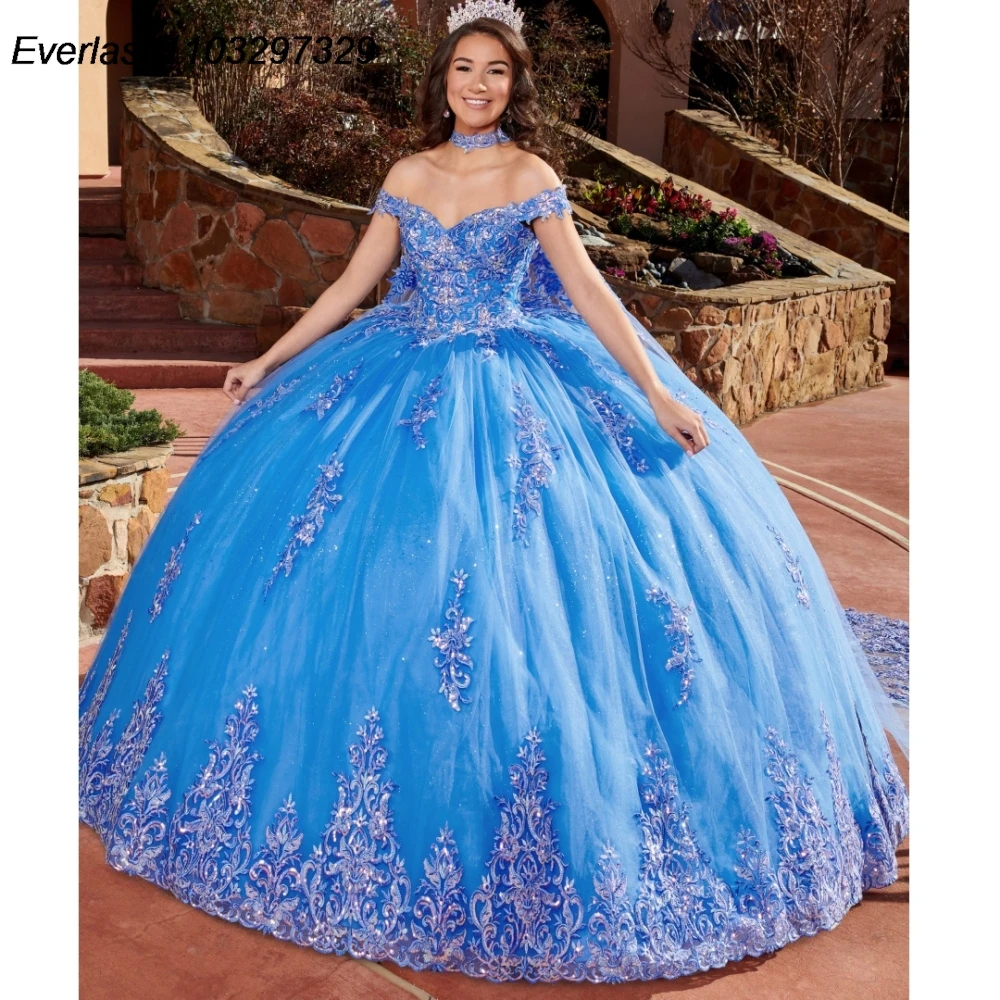 

Блестящее синее платье EVLAST для Quinceanera, бальное платье, Кружевная аппликация, бисер, кристаллы, с накидкой, корсет, милое платье 16, 15 лет TQD467