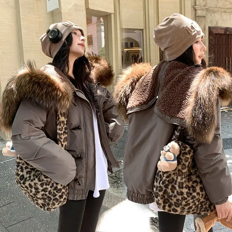 

2025 New Fashion Simple Lapel Jacket Harajuku Warm Y2K Jacket Winter Short Fur Collar Horn Button Parka Cotton Jacket for Women