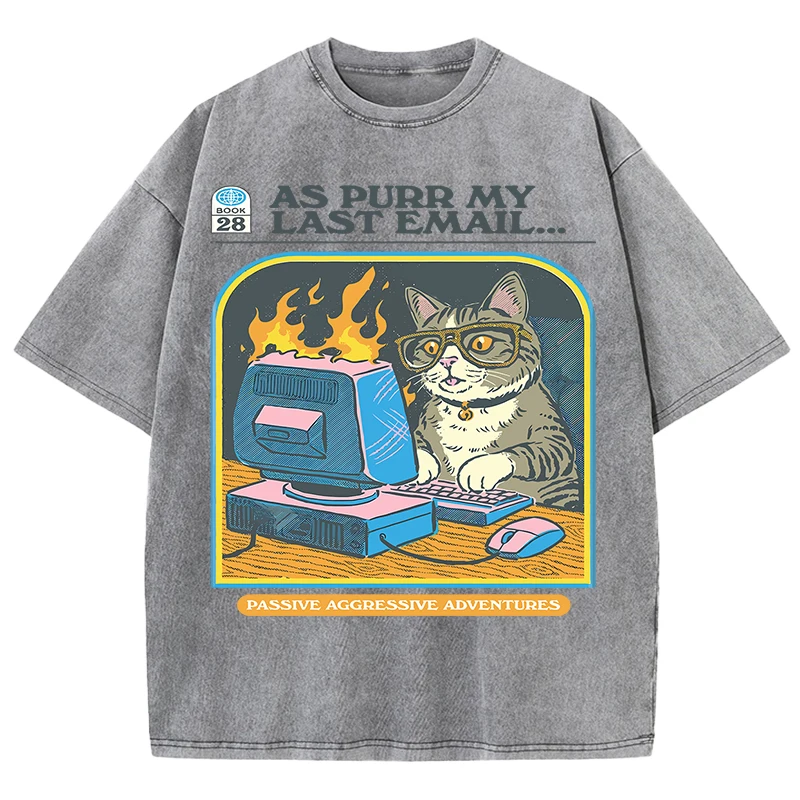 Cat Playing Computer GamesPrint Snow Wash T Shirt Man Unisex Washed Tees Casual Shortwear Soft Breathable Cotton Clothes