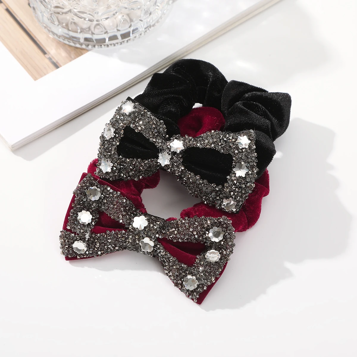 AWAYTR Rhinestones Bow Hair Ring Japanese Wavy Hair Tie Shiny Head Flower Tie Hair Rubber Band Korean Girl Women Head Rope