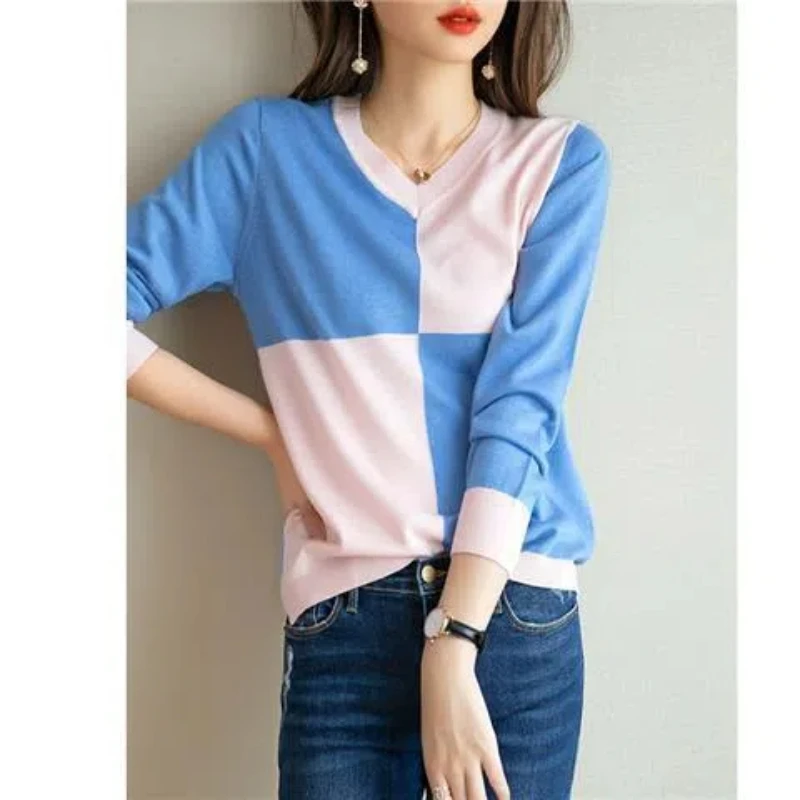 Spring and Autumn Women\'s 2024 New Splicing V-neck Contrast Color Fashion Loose and Versatile Casual Long Sleeve Knitted Tops