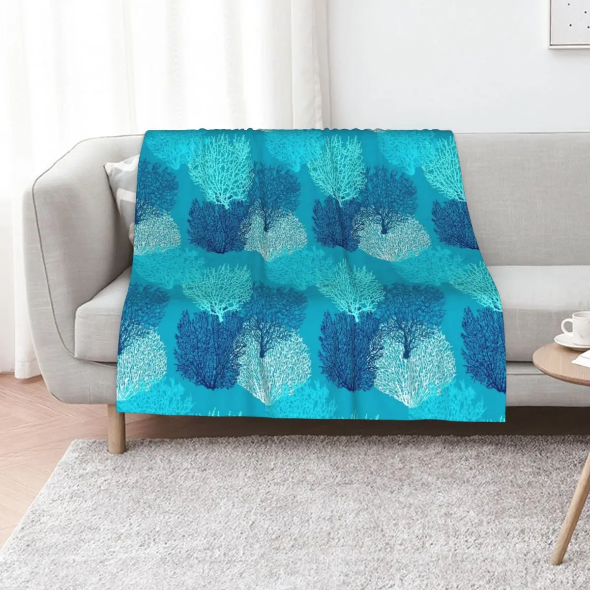 Fan Coral Print, Turquoise, Aqua and Cobalt Blue Throw Blanket Bed covers for babies Soft Beds heavy to sleep Blankets
