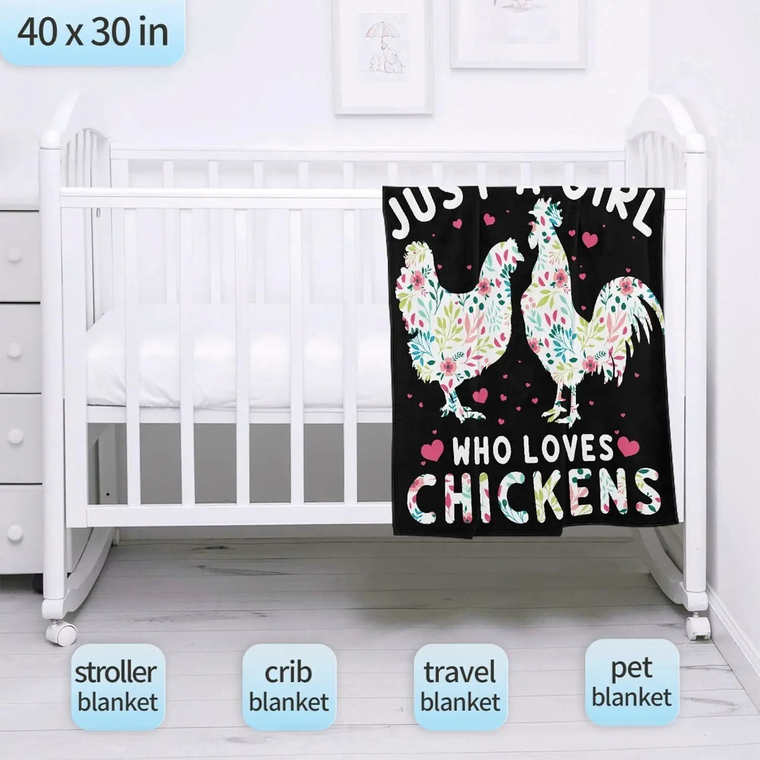 Chicken blanket gift, just a girl who loves chicken blankets, lightweight flannel blanket, for a toddler's newborn bed/sofa