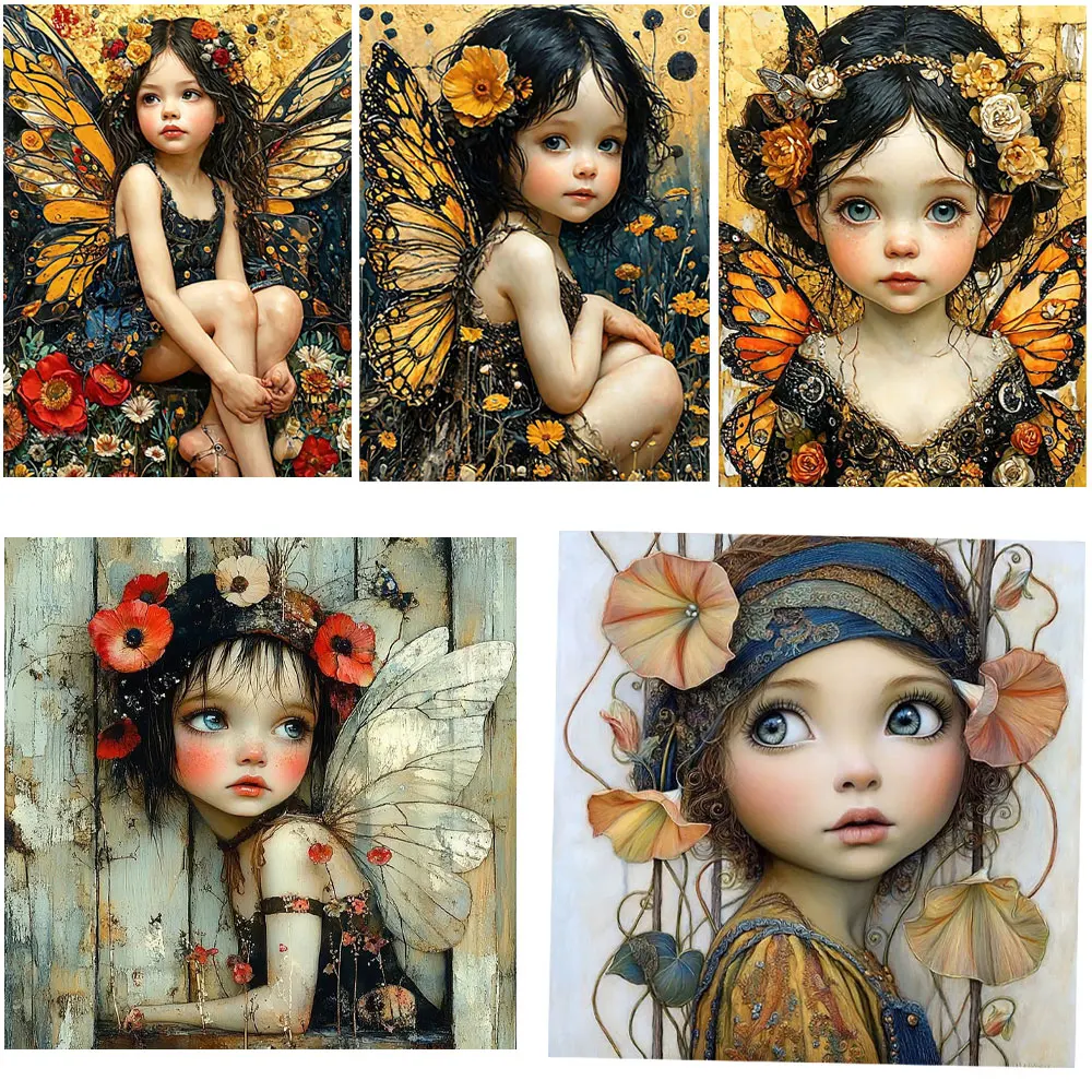 Vintage Butterfly Fairy Girl Heat Transfer Stickers Floral Elf DTF  Iron On Patches for Kids T-Shirt Hoodie Clothing DIY Decor