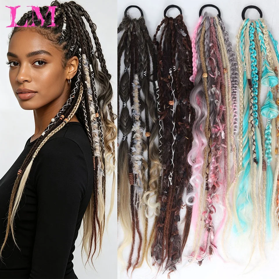 LM Boho Mixed Color Dreadlock Braided Ponytail Hair Extensions Twist Box Braid Hair Tie for Women Festival Rave Daily Styling