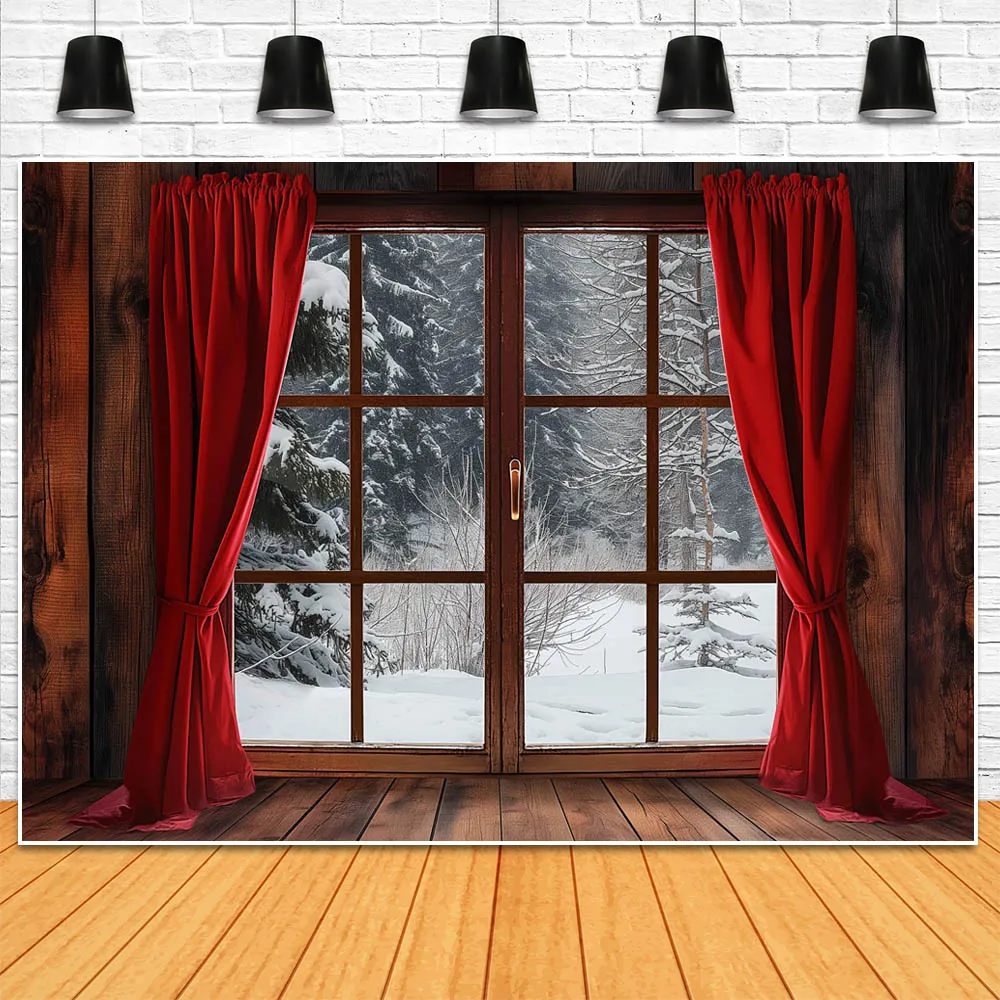 Mocsicka Christmas Backdrops for Photography Red Curtain Window Snow Scene Wooden Wall and Floor Children Photo Background Props