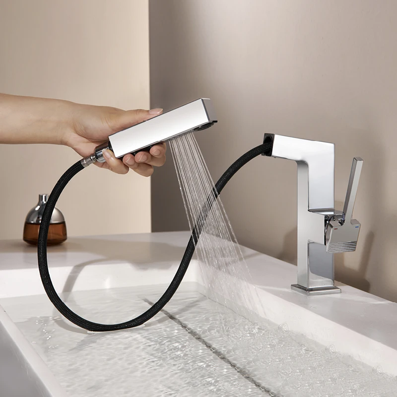 1 Hole Bathroom Pull Down Sink Faucet Deck Mounted Single Handle Cold Hot Mixer Taps Dual Modes Washroom Sink Faucet Chrome