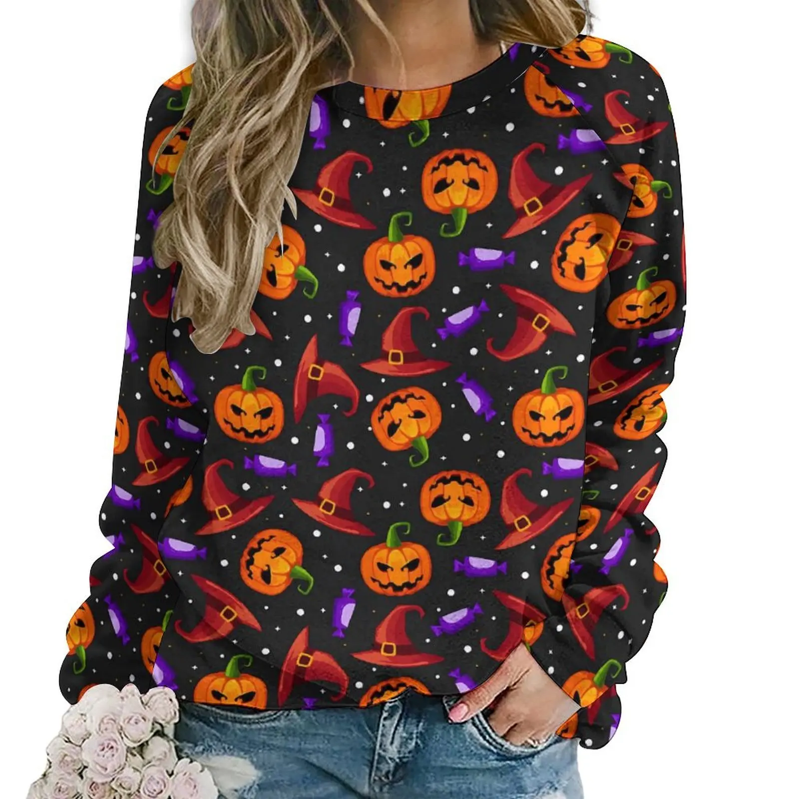 Halloween Hoodies Pumpkin Witch Hat Candy Classic Oversized Hoodie Female Long Sleeve Y2k Pattern Casual Sweatshirts