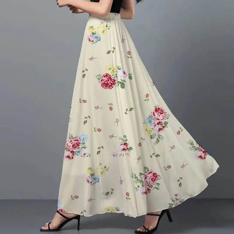 2024 Summer Long Lightweight Large Size Chiffon Skirt Womens Bohemian Flare Casual Floral Skirt Holiday Style Female Skirts