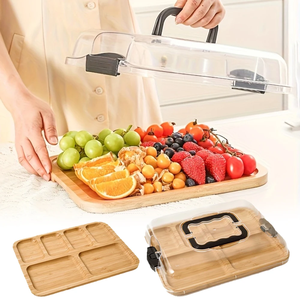 

Fruit Bento Box Wooden Cheese Board Snack Tray Picnic Tray with 6 Individual Compartments for Outdoor Travel Camping Vacations