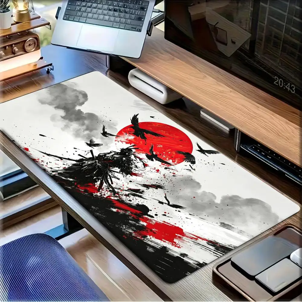 Large Gaming Mouse Pad Desk Mat Keyboard Pad Japanese Ink Samurai Crow Red Sun Splash Print Non Slip Rubber Base Stitched Edge