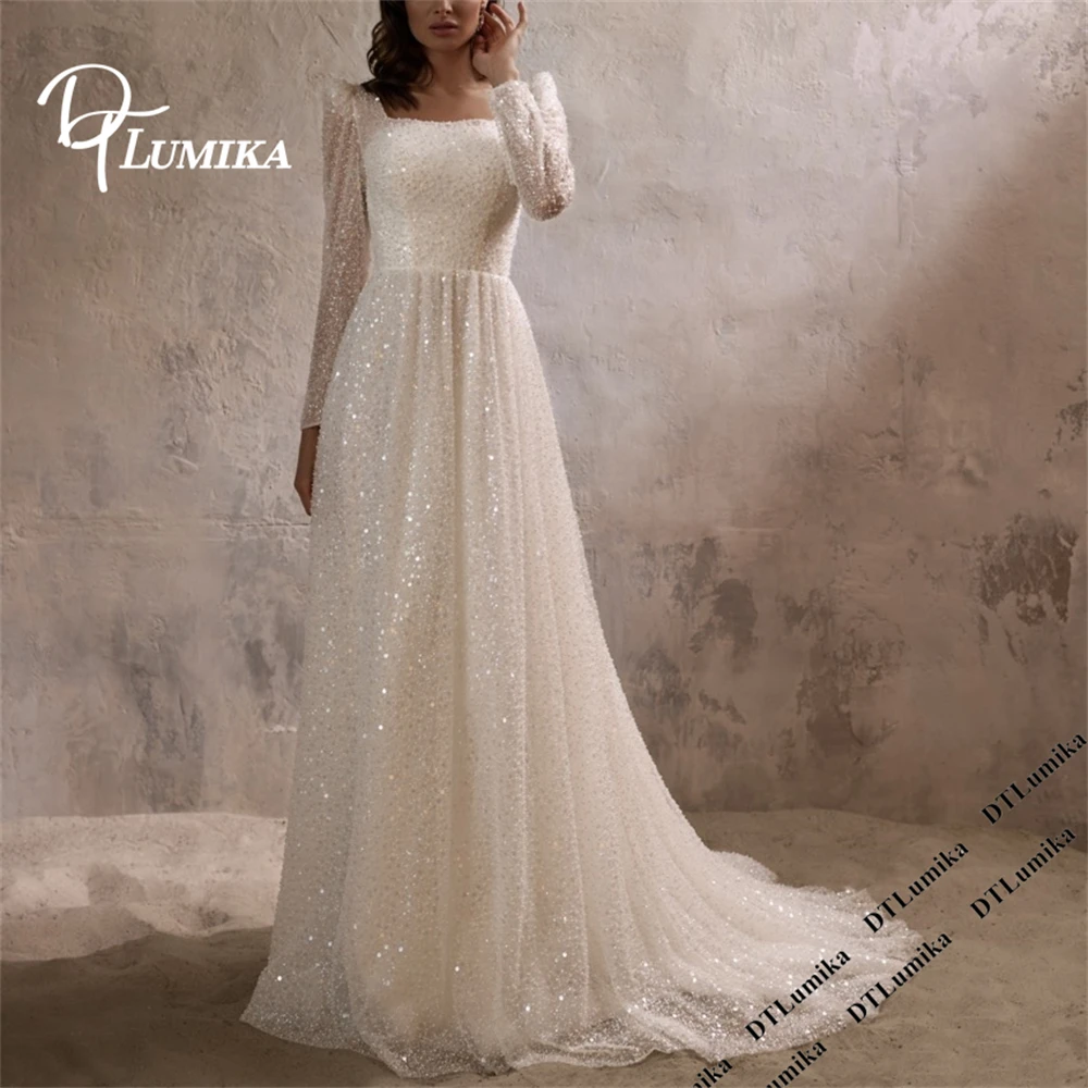

DTLumika Shiny Sequined Wedding Dress with Elegant Square Neckline Sheer Full Sleeves Customized Women's Bridal Gown Bride Dress