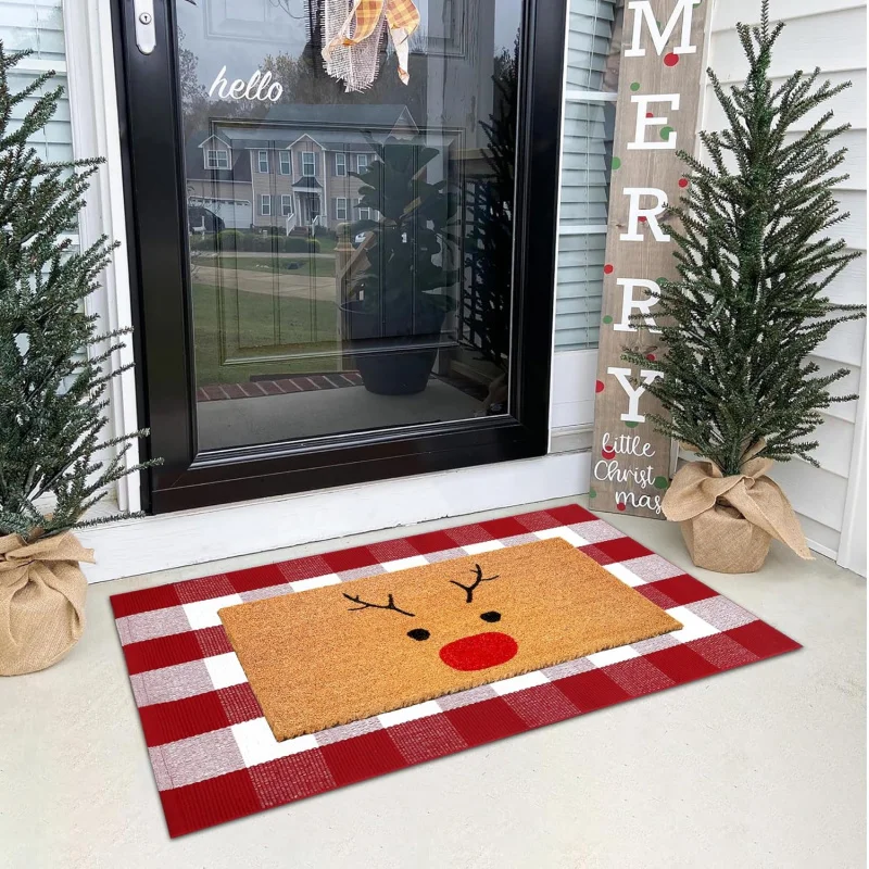 Christmas Door Mat Red and White Plaid Rug - New Year Holiday Xmas Deer Collection Doormat for Front Porch Entryway Decor