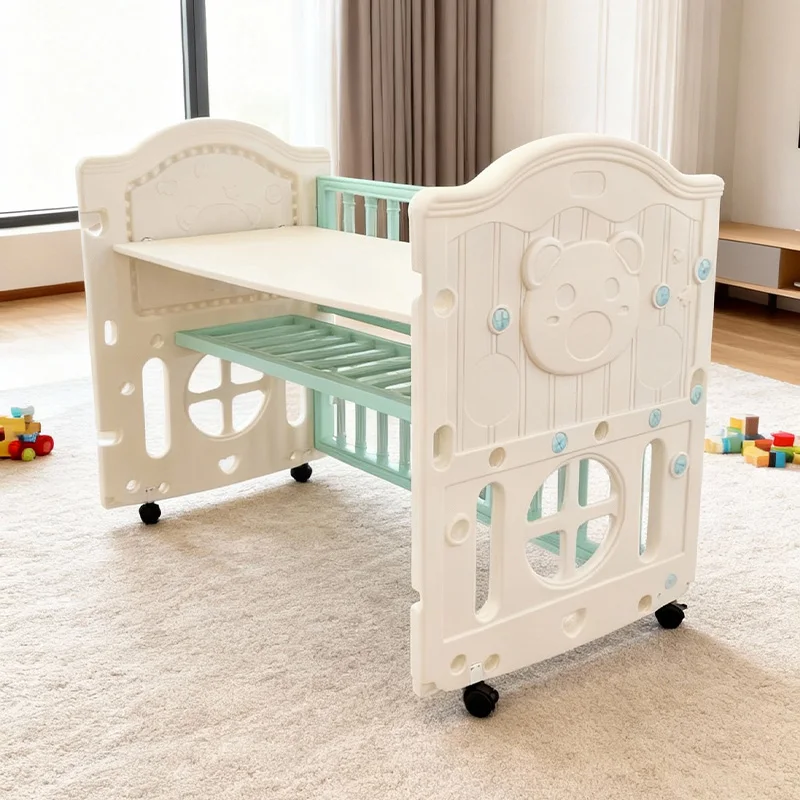 2-In-1 Convertible Crib Table Portable Multifunctional Plastic Newborn Mobile Baby Bed with Storage