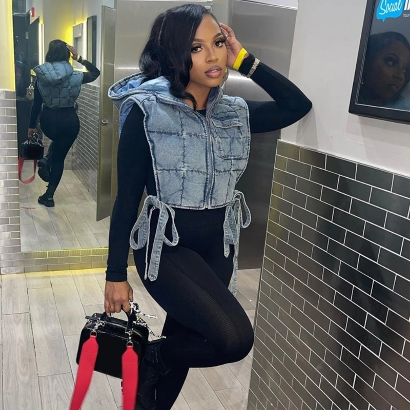Womens Denim Quilted Cargo Vest Hoodie Jackets Sleeveless Zipper Up Side Hollow Out Bandage Puffer Crop Top Waistcoat