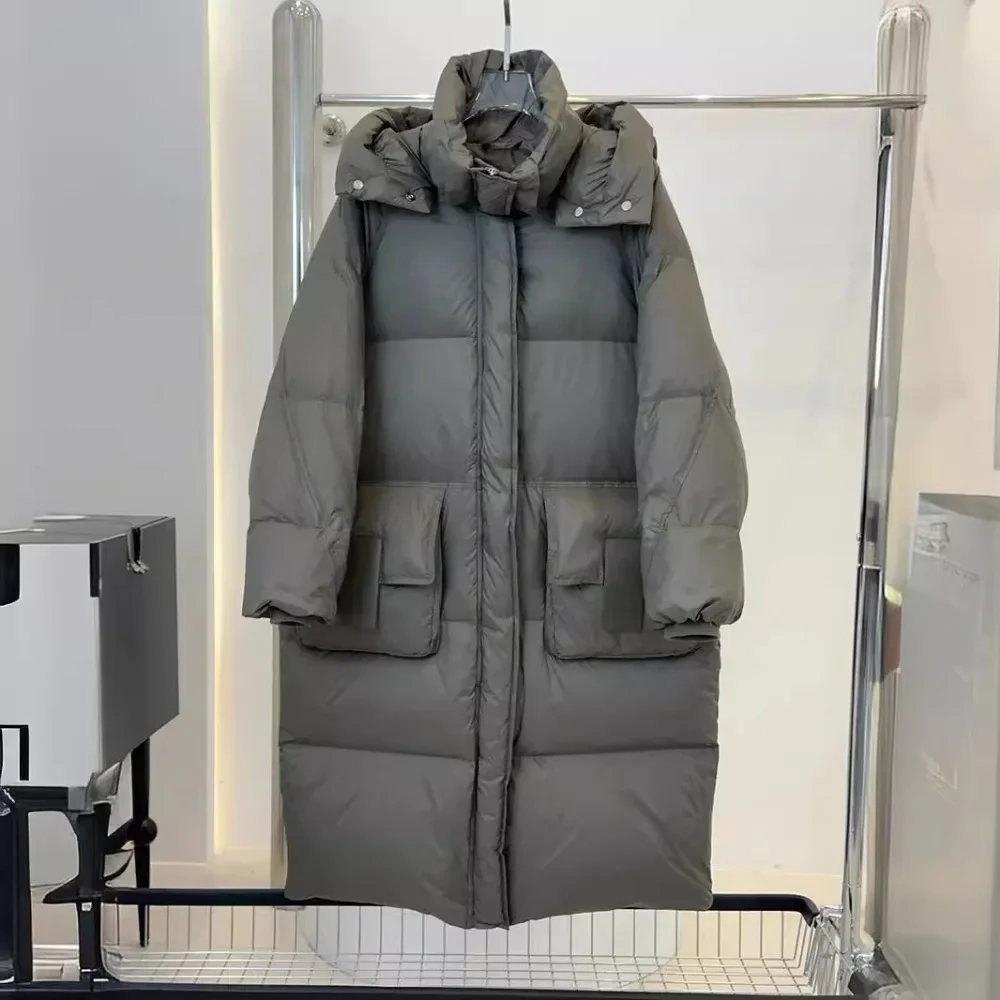 2025 جديد الشتاء رشاقته الدافئة مقاوم للماء بطة أسفل معطف رقيق سترات مقنعين الركبة طول فضفاض سترة منفوخة أسفل سترة النساء #1