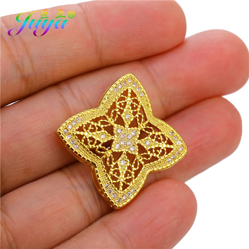 Juya Micro Pave Zircon Hollow Flower Square Connector Pendants Accessories For DIY Women Fashion Pearls Jewelry Making Material