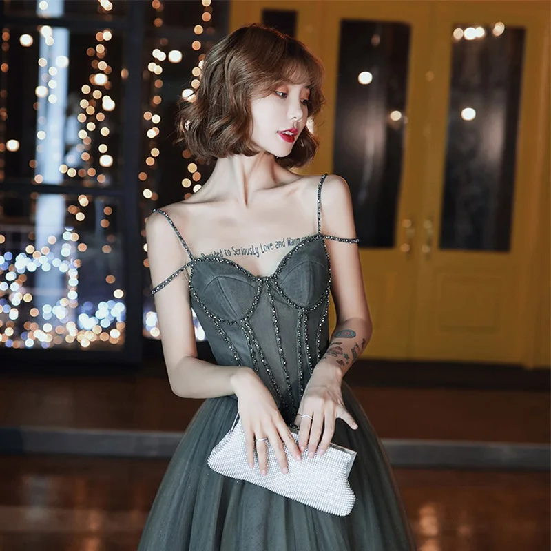 

Women Spaghetti Straps Grey Beading Prom Dresses Floor Length A-line Tulle Dress Summer Sexy Backless Evening Party Gown