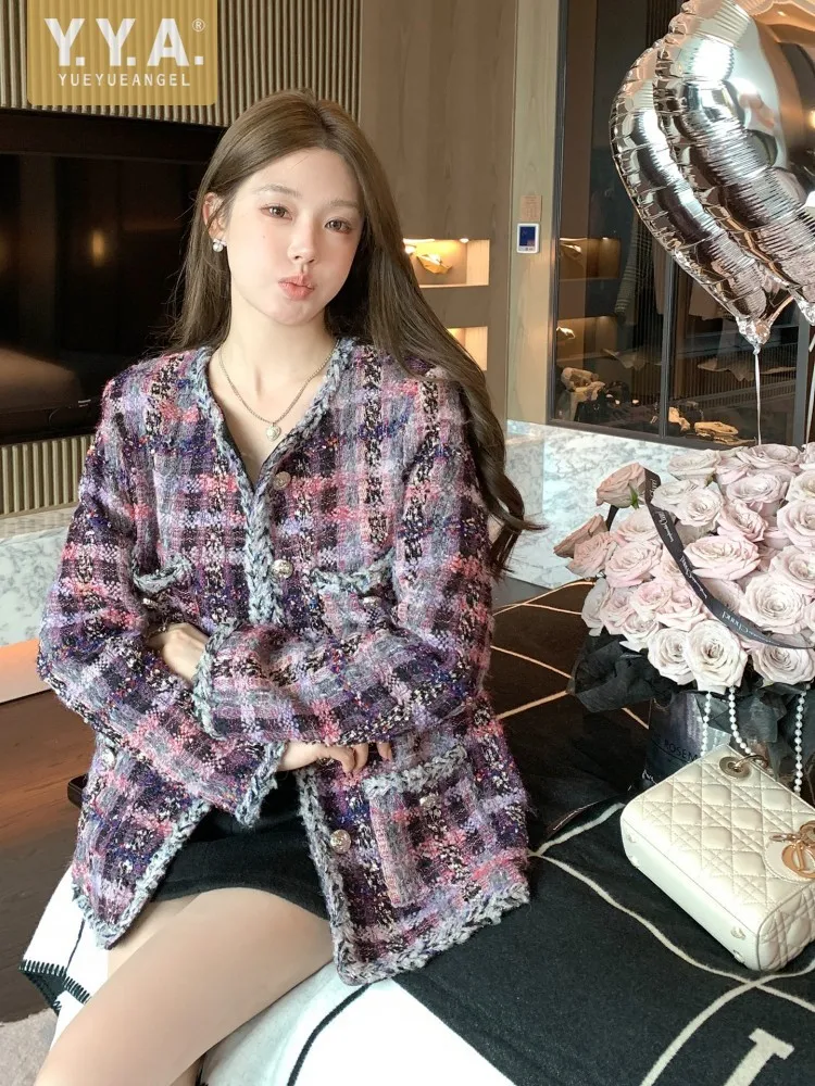 French Style Women Plaid Tweed Spliced Multi Pockets Jacket O Neck Single Breasted Short Coat Long Sleeve Loose Fit Casual Lady