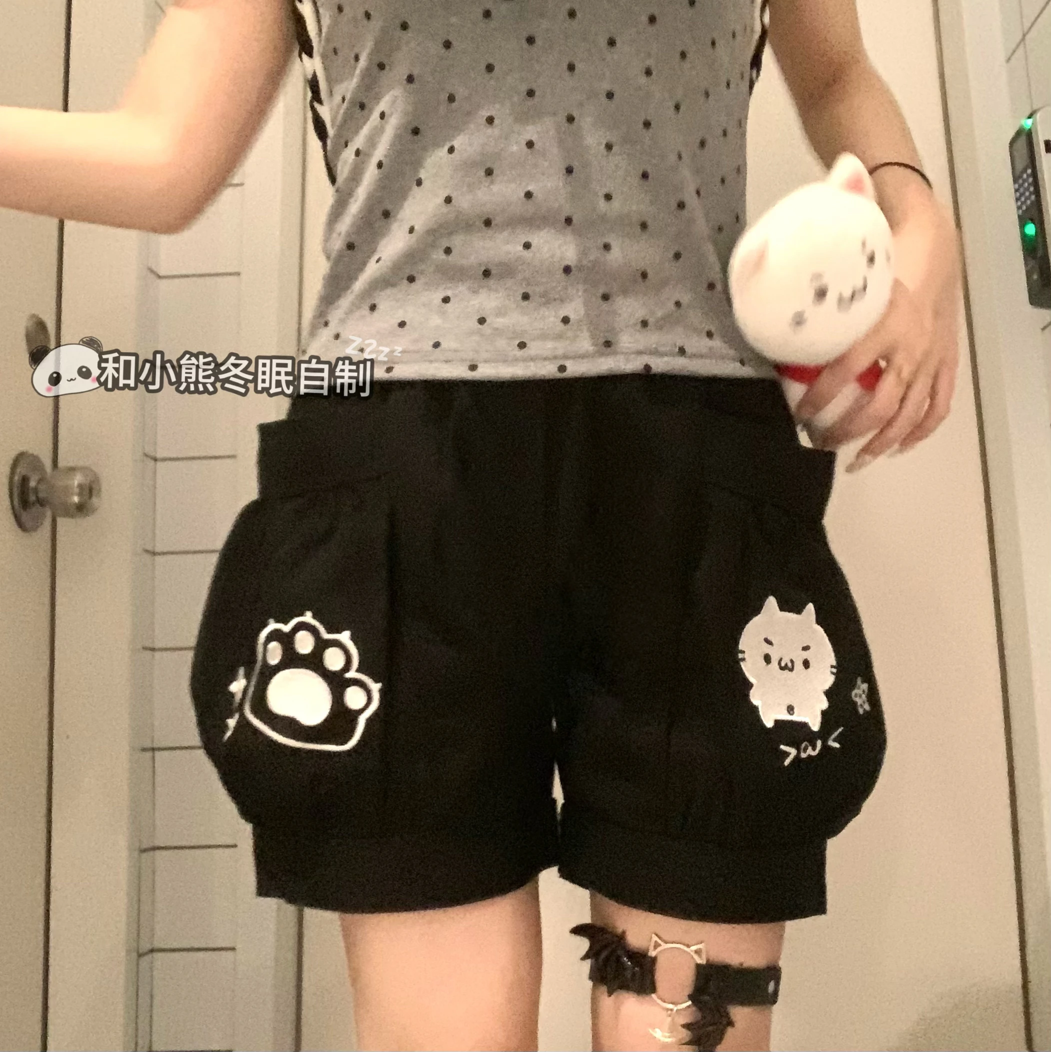 Kawaii Cat Print Shorts Women 2025 Summer Harajuku Loose Elastic Waist Shorts with Pockets Cartoon Paw Embroidery Korean Style