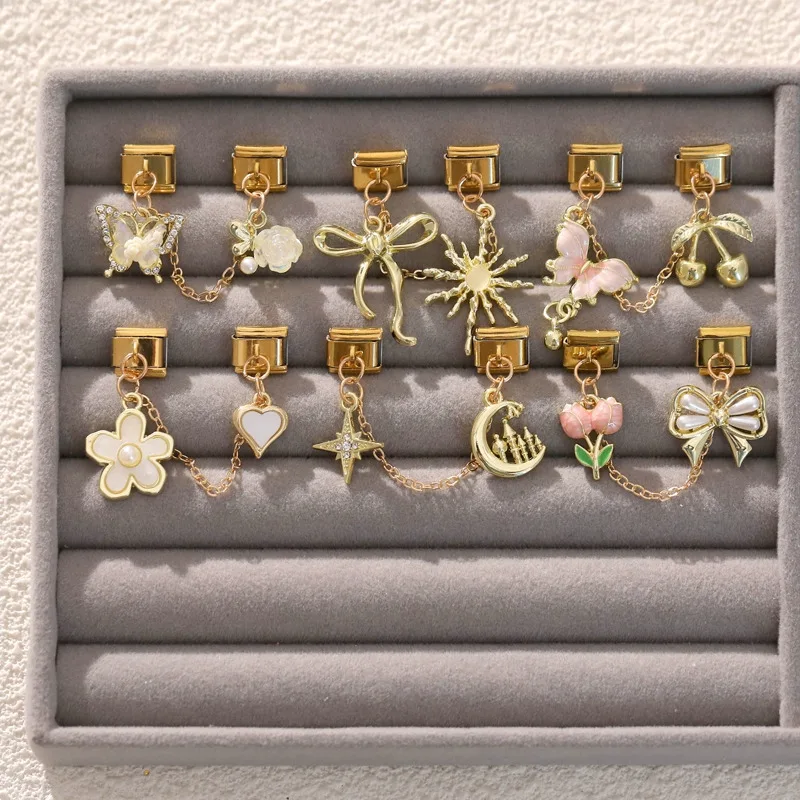 Gold Farbe Rosa Herz Stern Kirsche Mond Kette Quaste Italienischen Charme Link Fit 9mm Edelstahl Armband Frauen DIY Machen geschenke – Detail 21