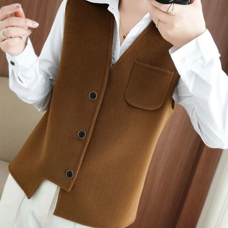 

Женский модный короткий шерстяной пиджак с v-образным вырезом, двусторонний вязаный кардиган, жилет унисекс, легкая осенне-зимняя весенняя верхняя одежда