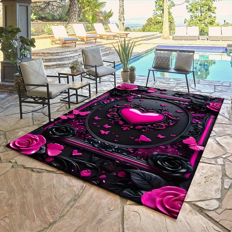 Black Pink Rose Heart Butterfly Ornate Print Large Area Rug Soft Flannel Non Slip Floor Carpet for Living Room Romantic Home
