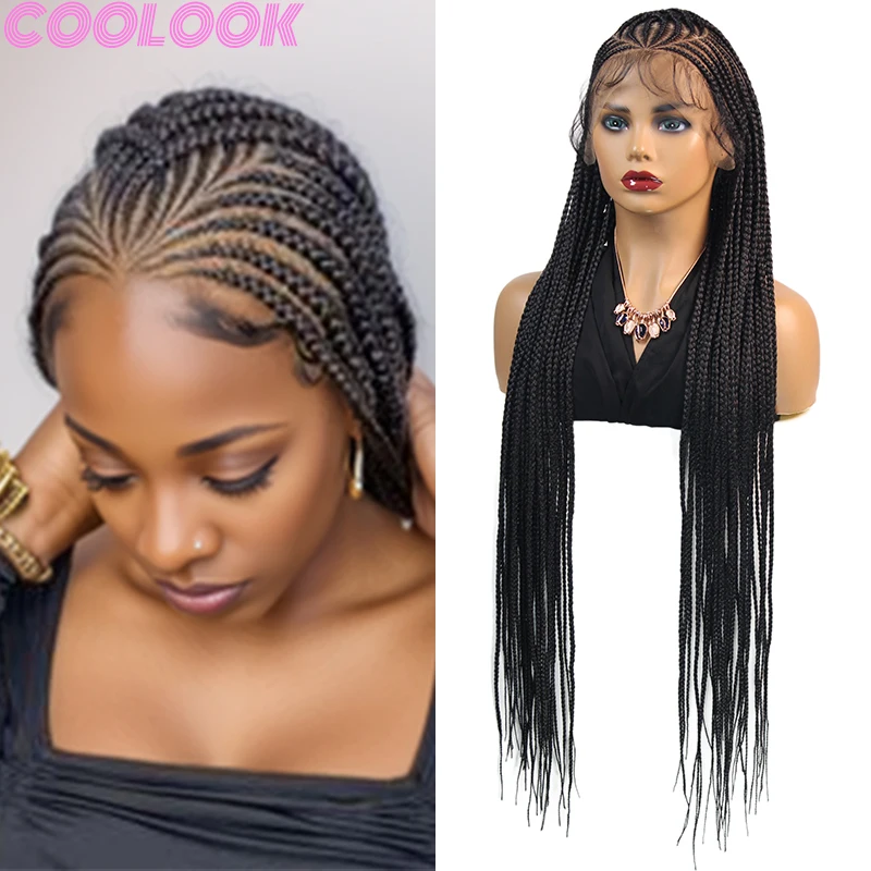 Synthetic 36 Inch Full Lace Braided Wig for African Women Lightweight Natural Braid Wig Cornrow Knotless Braids Lace Frontal Wig