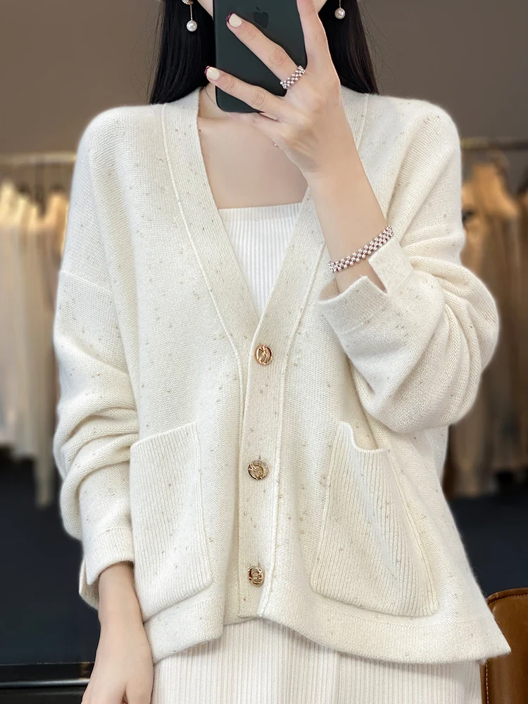 

Large Size Women's Cardigan Fall Winter 100% Merino Wool V-Neck Sweater Long Sleeve Outerwear Knitted Tops Casual Fashion Trends