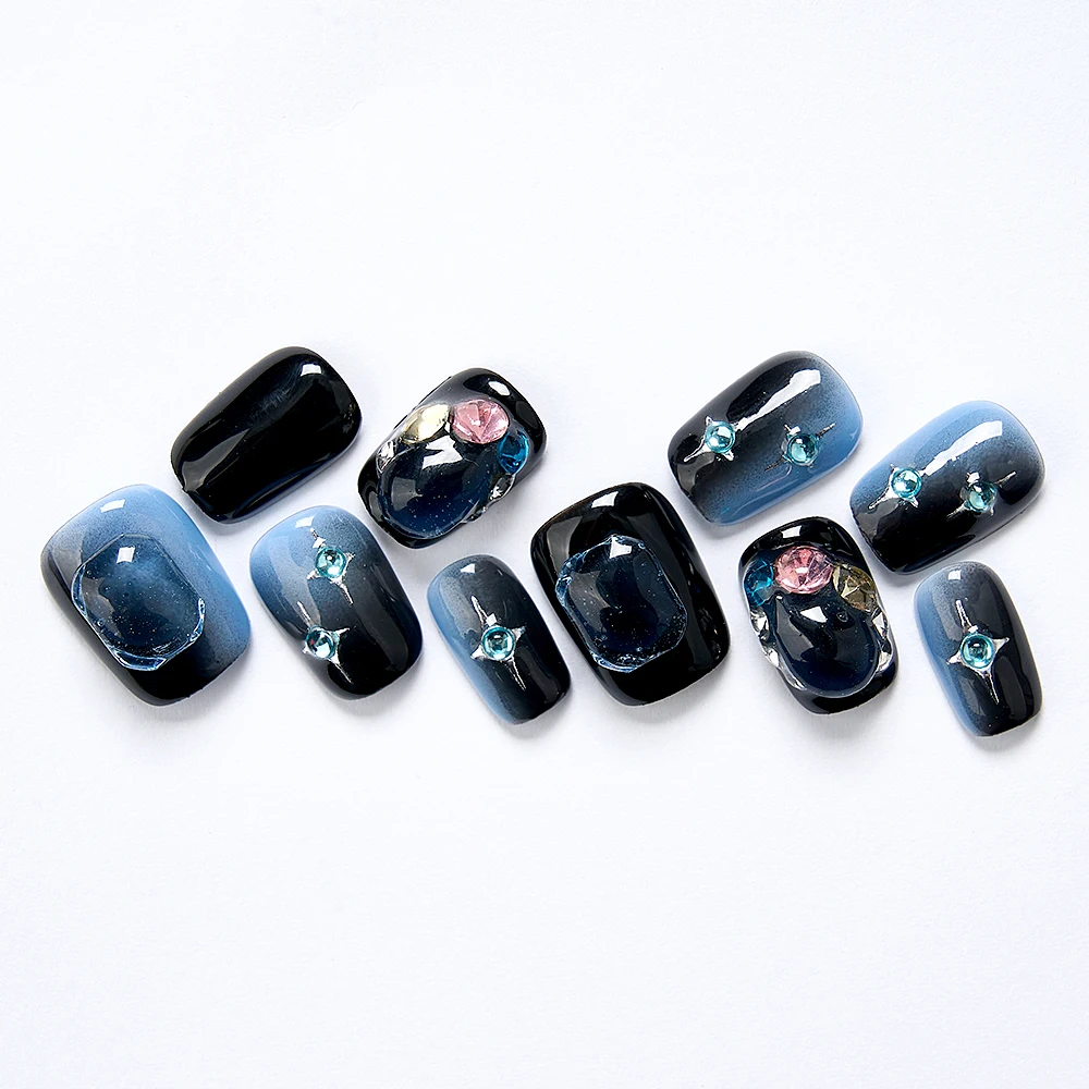 

10Pcs Handmade Cute Press on Nails Short Korean Fake Nails With 3D Star Moon Rhinestone Rose Design Artifical False Nail Tips