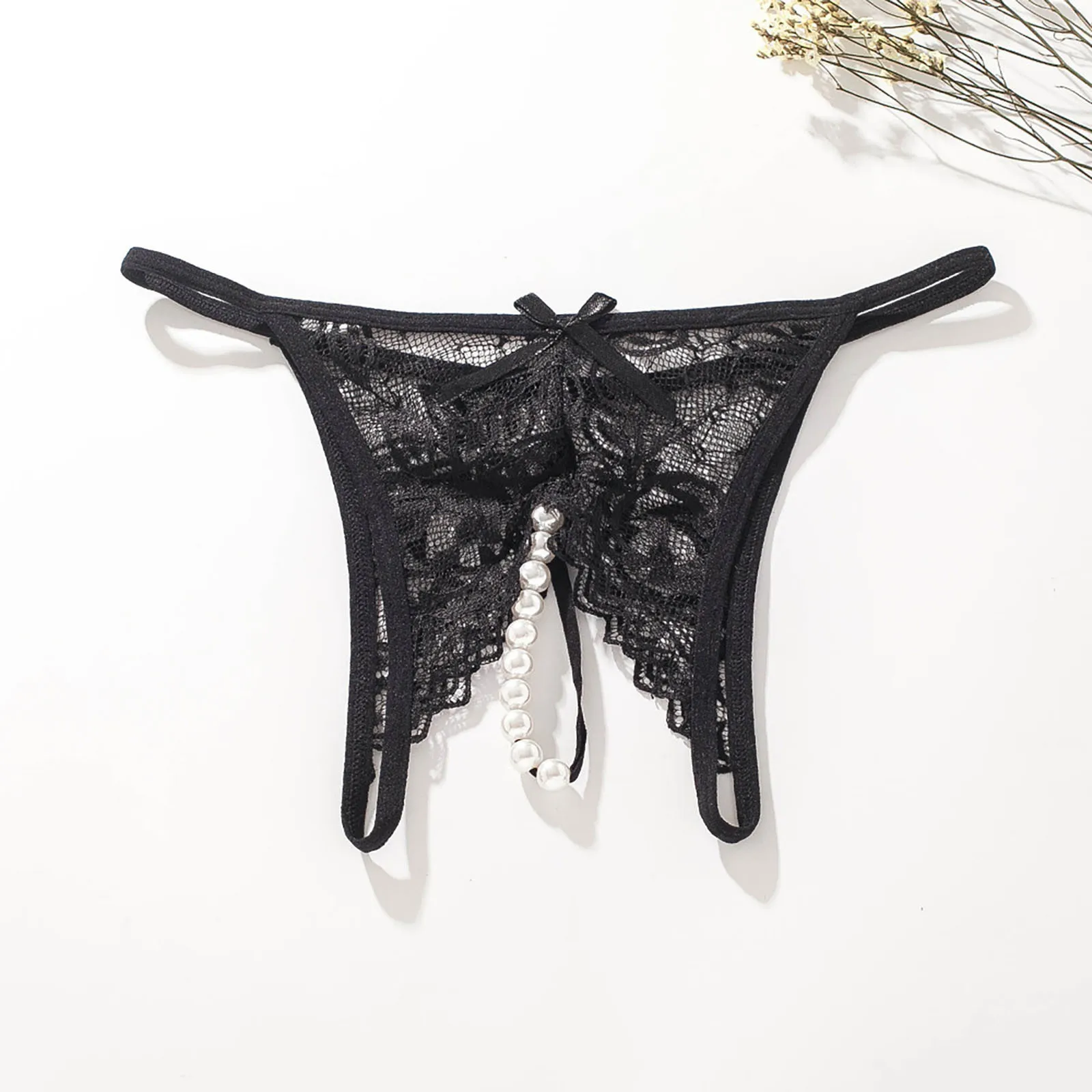 Sexy Lace Thongs Open Crotch G-String Pearl Crotchless T-Back Transparent T Pants Erotic Lingerie For Sex Solid Color Intimate 