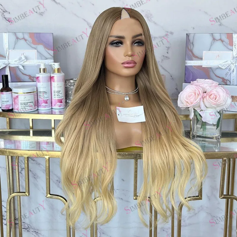 

Brazilian Remy Human Hair 1x4 Size U Shpaed Wigs for Black Women Super Long Light Blonde Ombre Wavy Full Machine Made Wigs