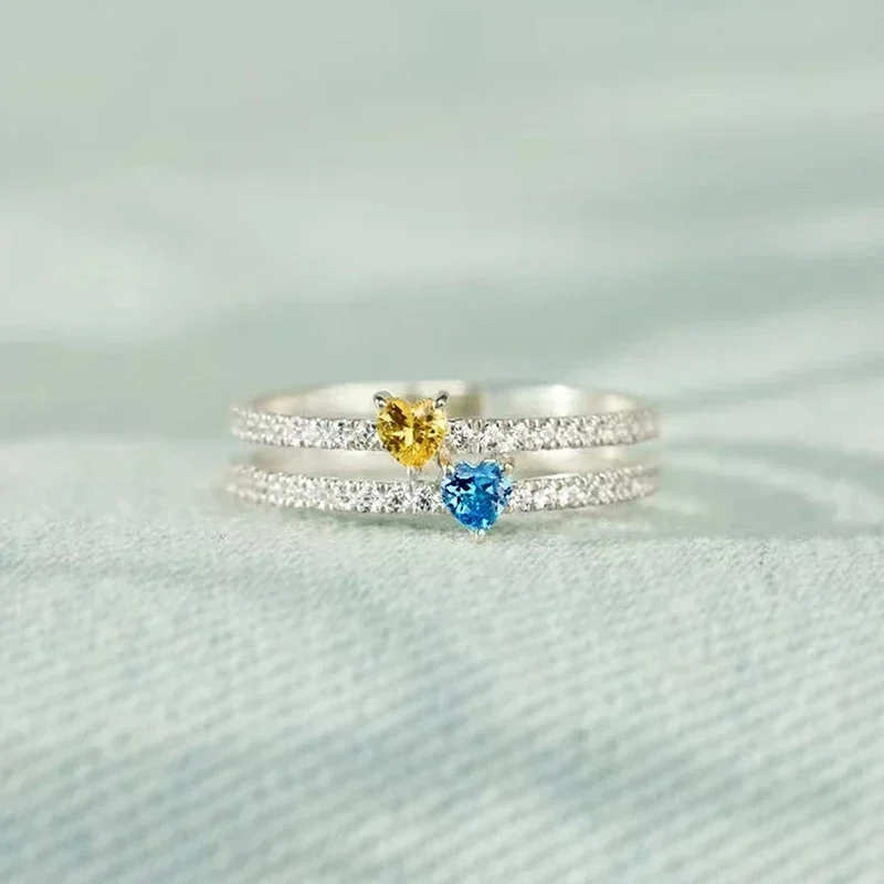 2024 Exquisite Yellow/Blue Heart CZ Women Rings for Wedding New Trendy Accessories Dazzling Female  Fashion Love Jewelry