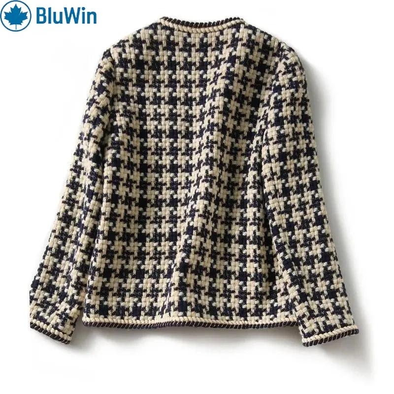 BluWin Classic Checkered Tweed Jacket – Elegant Contrast Trim for a Timeless, Chic Look