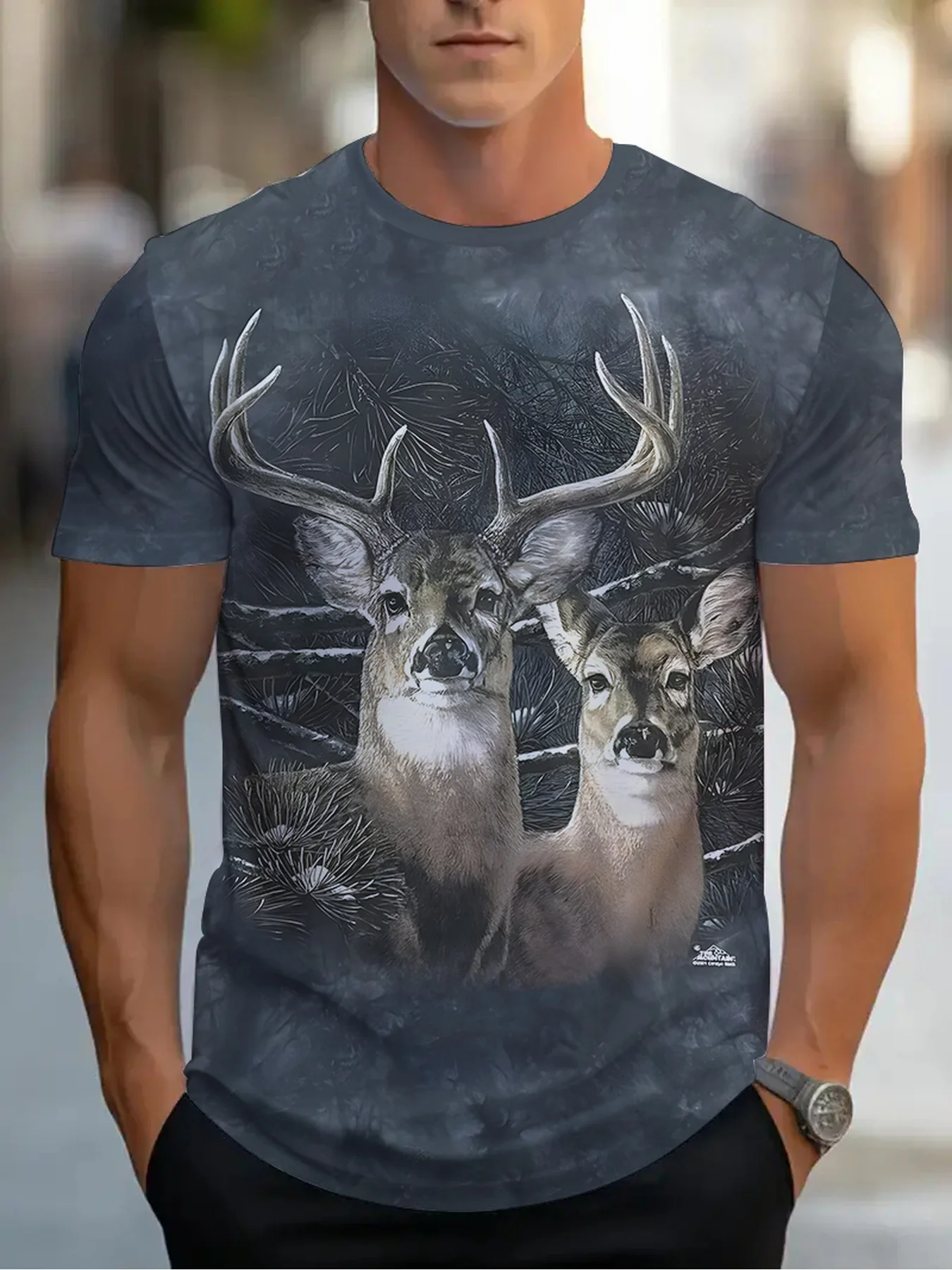Men's Plus Size 3D Deer Print T-Shirt - Forest in the Mist Realistic Stag Design,