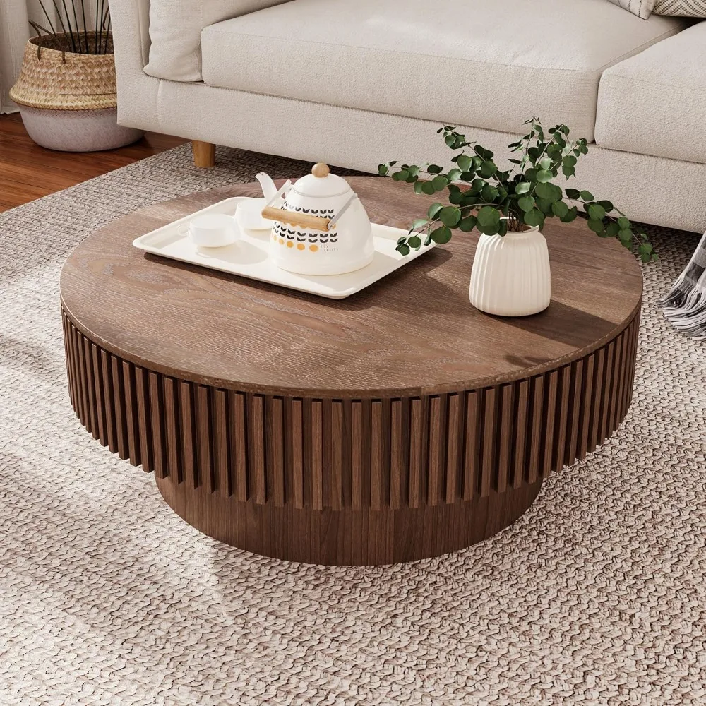 

31.5 Round Coffee Table with Hidden Storage, Solid Wood Drum Coffee Table Tea Table for Living Room, Bedroom, Apartment or Offic