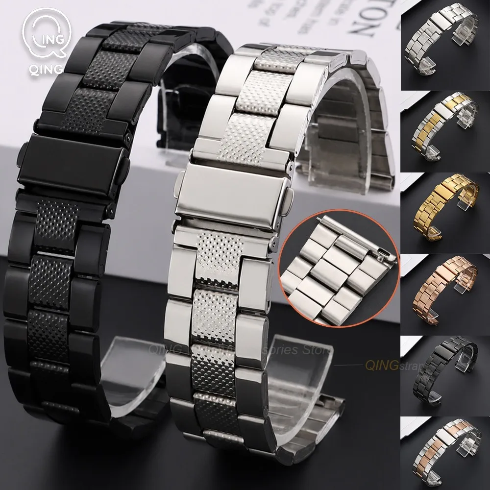 22mm Universal Bands Folding Buckle for Seiko for Omega New Textured Stainless Steel Sport  Strap 3Bead Business Metal Bracelets