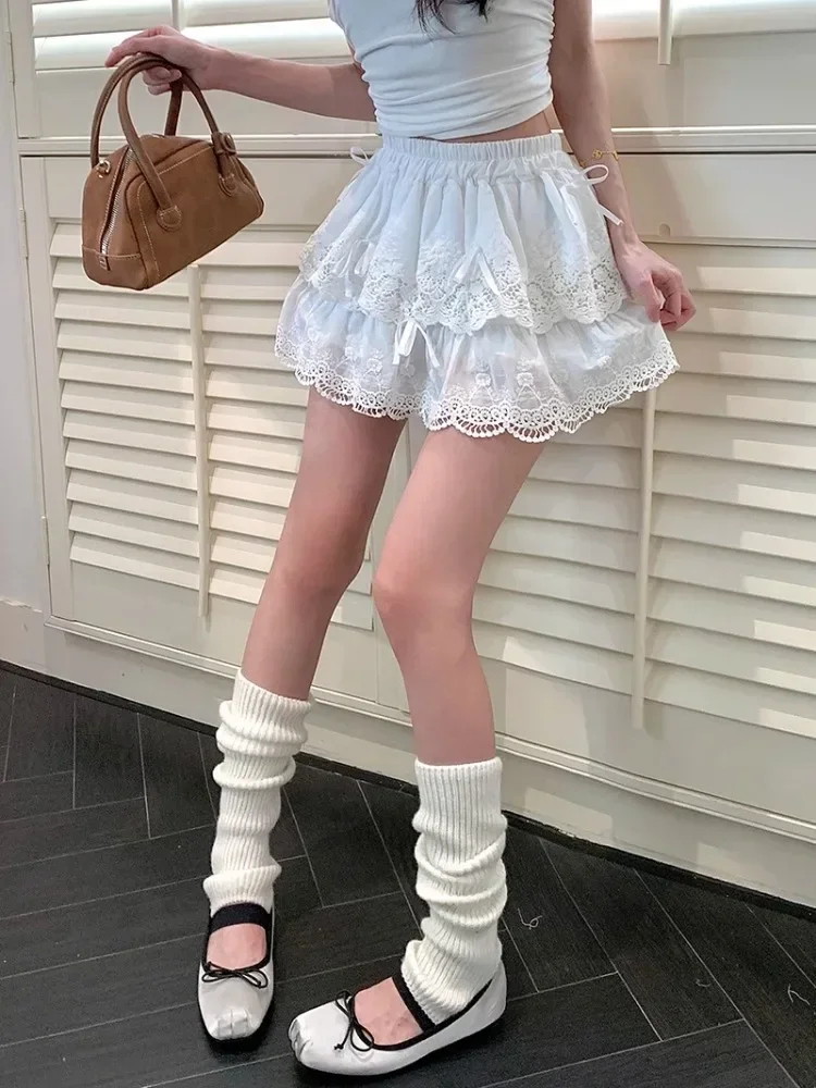 

White Lace Mini Skirt Women Ballet Style Bow Kawaii High Waisted A-line Skirt Summer Fashion Cutecore Girl Clothing New