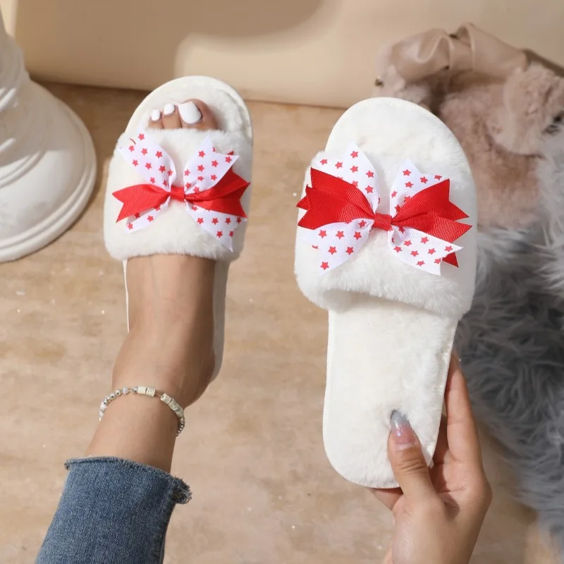 

New Comfortable Polka Dot Bow Knot Open Toe Cotton Slippers Women's Furry Shoes Casual Slip-On Women Round Toe Flats Slippers