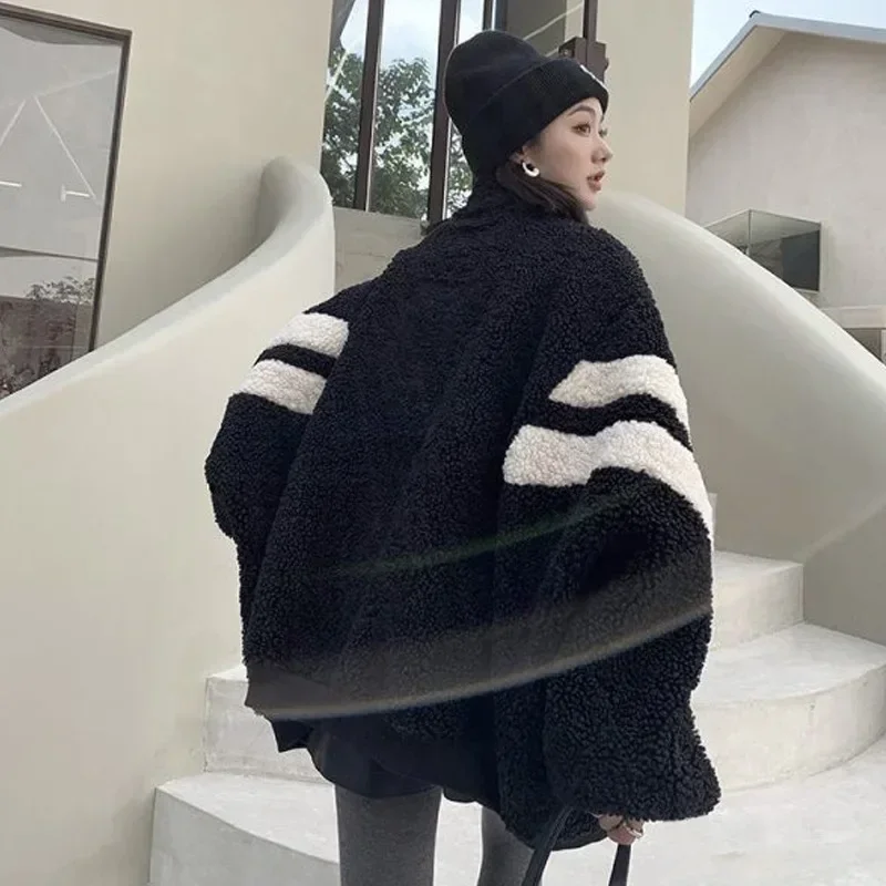 Women\'s Lamb Fleece Warm Thick Coat, Stripes Winter Clothes, Women\'s Fashion Coats, Standing Collar, Zipper Tops, Autumn, 2023