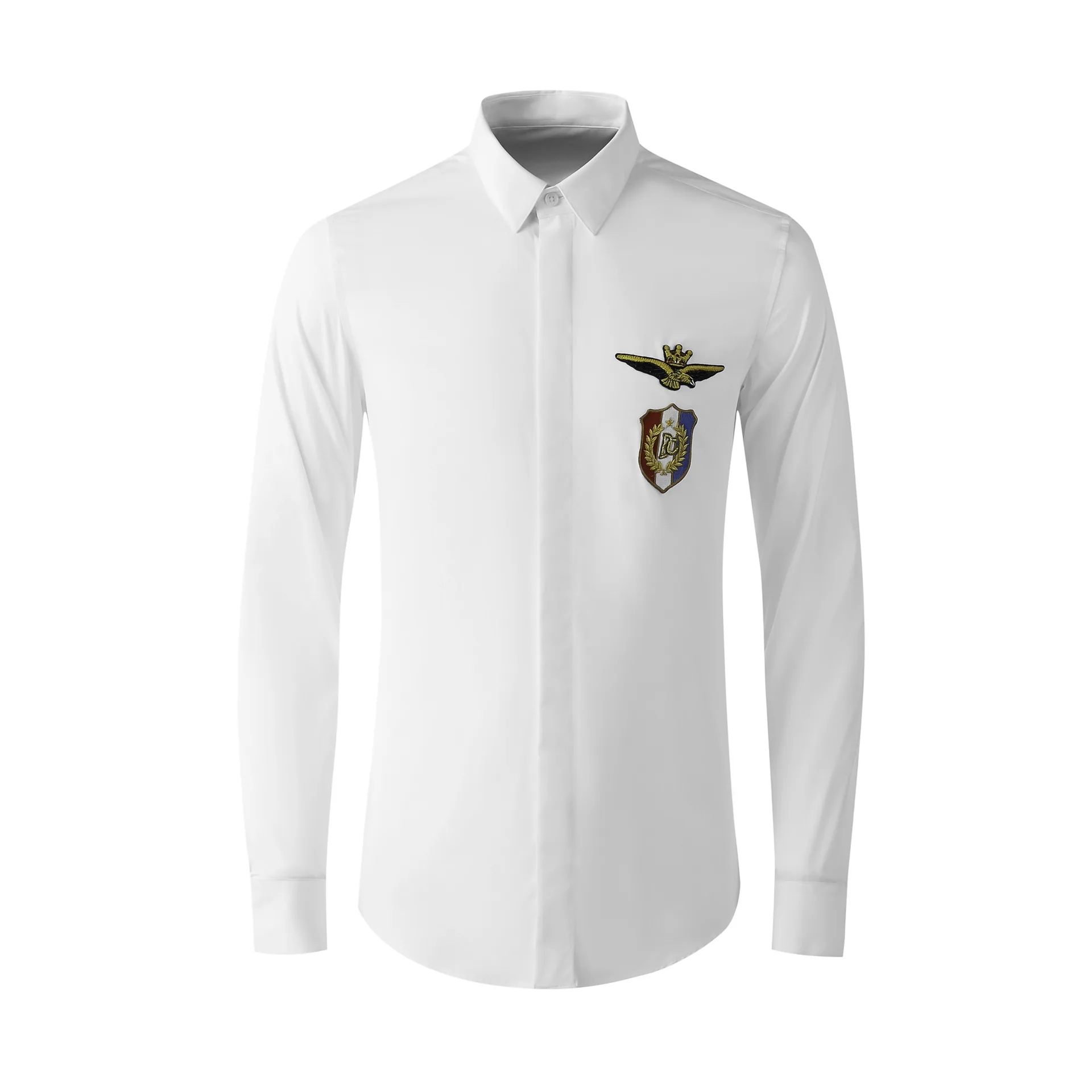 Four season long sleeved men's shirt embroidered slim waist fashionable and simple cotton spinning men's clothing