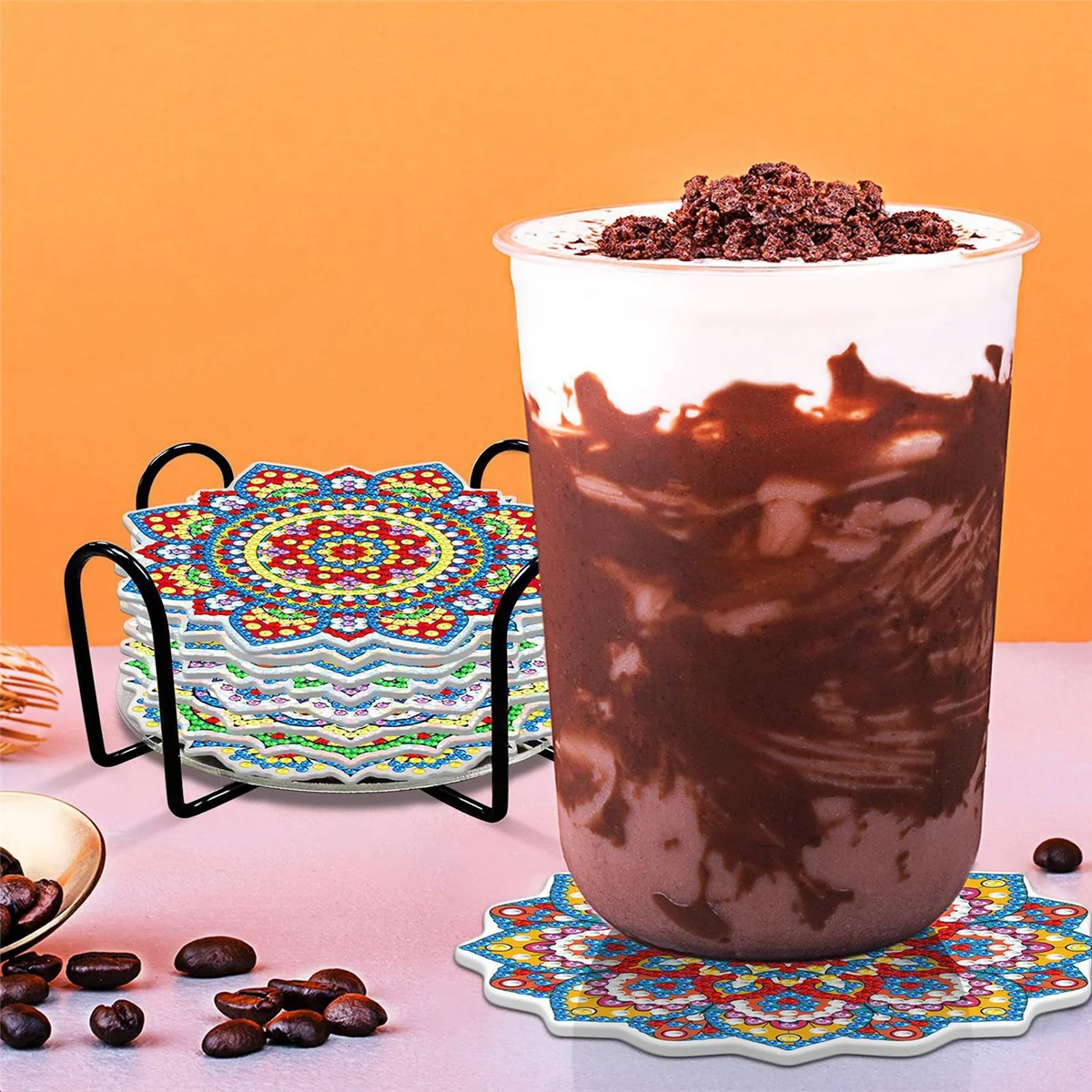 قواعد أكواب A75K مكونة من 8 قطع، مجموعات قواعد أكواب فنية ماندالا الماسية مع حامل، مجموعات DIY للبالغين