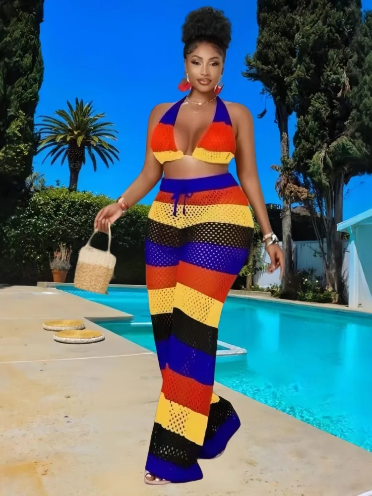 2025年女性用ビーチツーピースセットビキニカバーアップ水着トップスとハイウエストパンツセクシーレディース水着カバーアップ水着