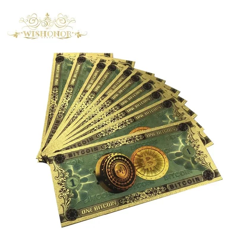 

10pcs/lot Nice Color Gold Color Foil ONE BITCOIN Banknote BTC Bills souvenir banknotes for collection