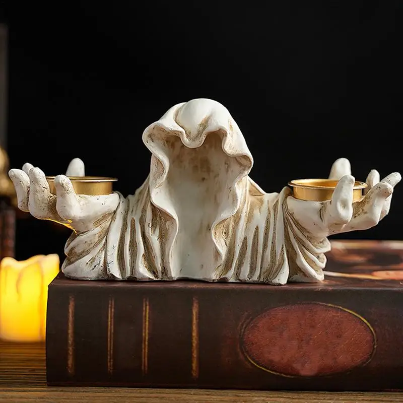 Halloween Decoration Ghost Wizard Candle Holder Resin Tealight Candlestick Home Table Desk Bookshelf Gothic Holiday Ornaments